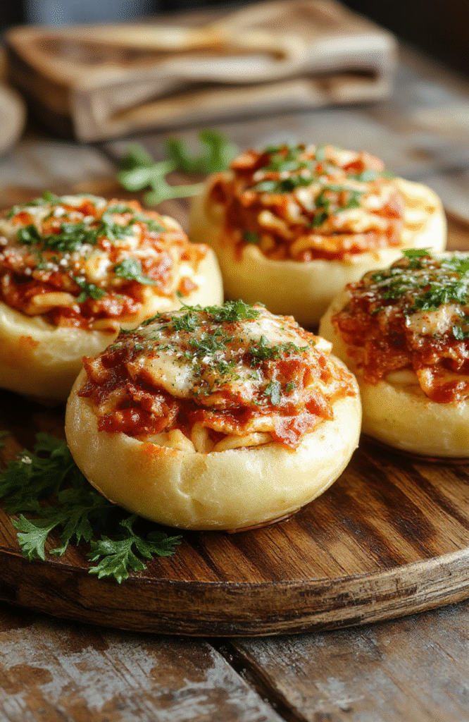 A vibrant close-up of a golden-brown garlic bread bowl filled with spiral pasta coated in tomato sauce, topped with melted cheese and fresh herbs, with a rustic wooden background and a leafy garnish for a colorful, appetizing presentation.
