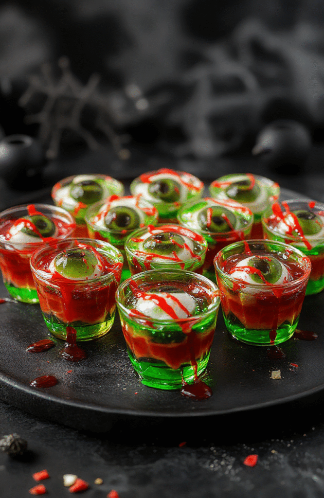 Colorful spooky gelatin shots resembling eyeballs arranged on a dark black plate, with red accents mimicking blood, surrounded by creepy faux cobwebs and foggy dry ice, the glossy surface reflects eerie lighting, creating a hauntingly festive Halloween atmosphere.