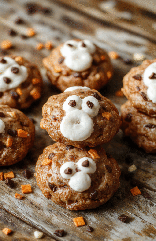 Colorful Halloween-themed treats arranged on a rustic wooden table, featuring spider-shaped cookies, decorated cupcakes with orange icing and black sprinkles, and spooky ghost lollipops. The vibrant colors and playful decorations make the scene festive and inviting, perfect for a Halloween celebration, with soft natural daylight highlighting the textures and details.