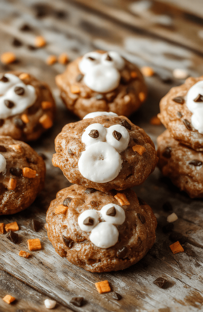 Colorful Halloween-themed treats arranged on a rustic wooden table, featuring spider-shaped cookies, decorated cupcakes with orange icing and black sprinkles, and spooky ghost lollipops. The vibrant colors and playful decorations make the scene festive and inviting, perfect for a Halloween celebration, with soft natural daylight highlighting the textures and details.