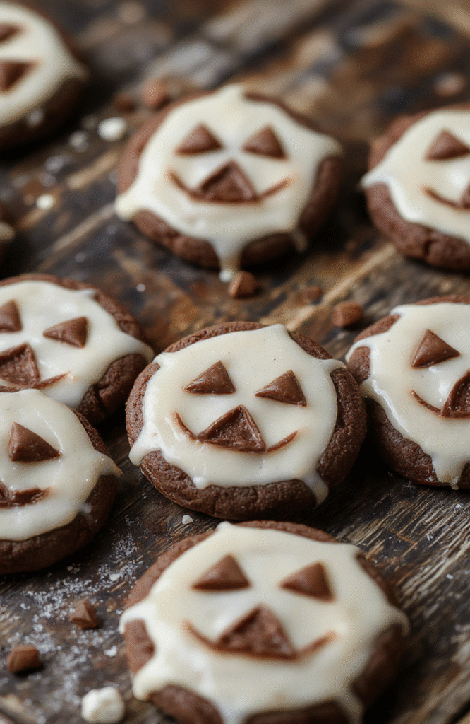 Colorful jack-o'-lantern shaped cookies with smooth milk chocolate stuffing, vibrant orange and green icing, presented on a rustic wooden surface with fall decorations