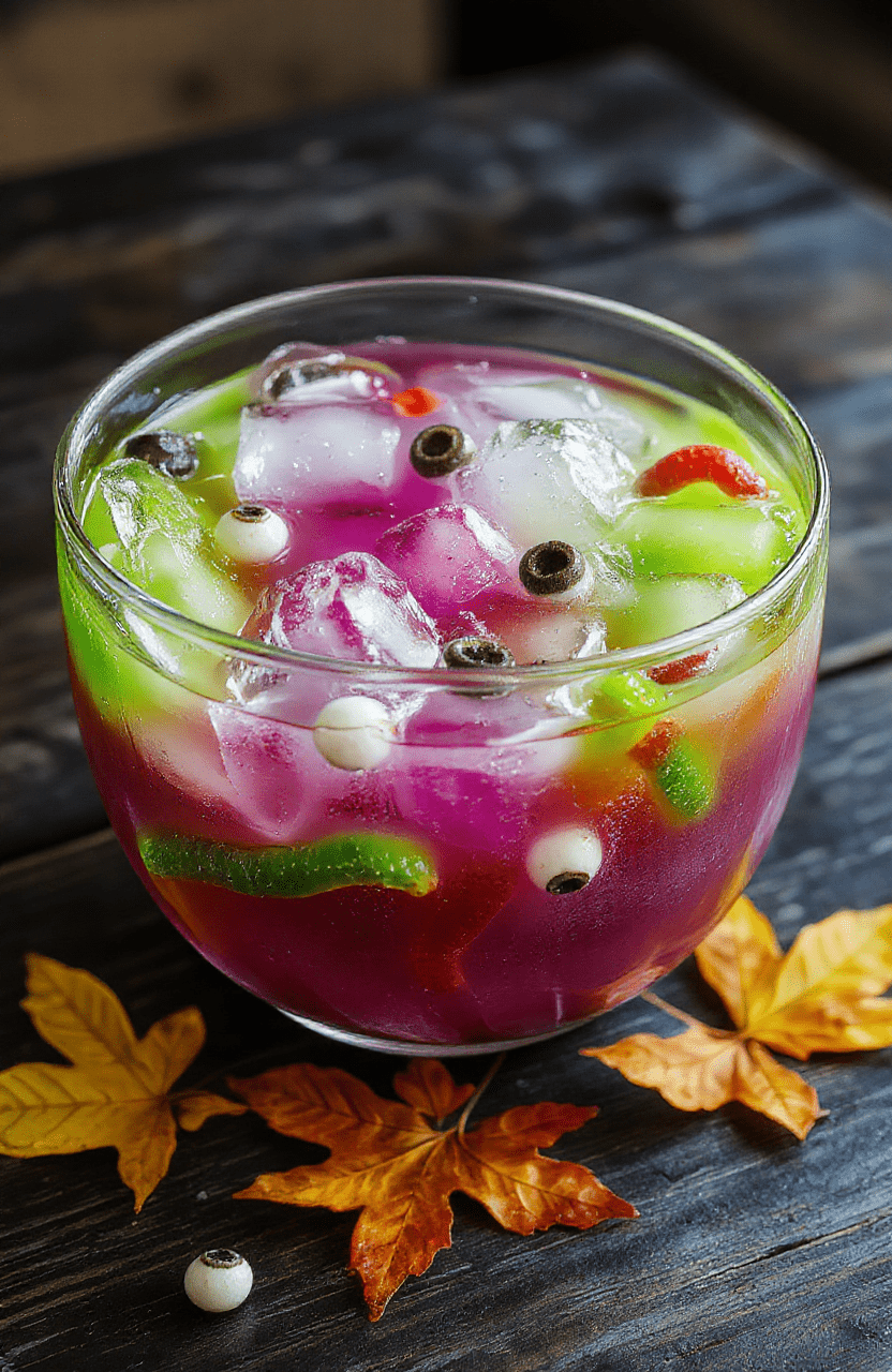 A vibrant, spooky Halloween punch in a large clear glass punch bowl with floating ice, neon green and purple layers, decorated with dry ice fog, plastic eyeballs, and Halloween-themed garnishes on a dark wooden table with autumn leaves.