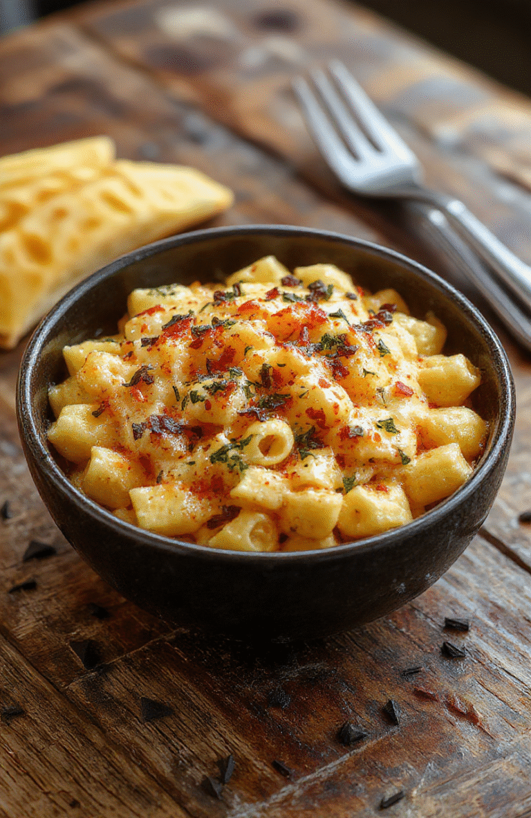 Colorful bowl of creamy monster mac and cheese topped with gooey cheese, green food coloring, and spooky monster-shaped croutons, styled with a Halloween-themed background, vibrant textures, and enticing steam rising from the dish.