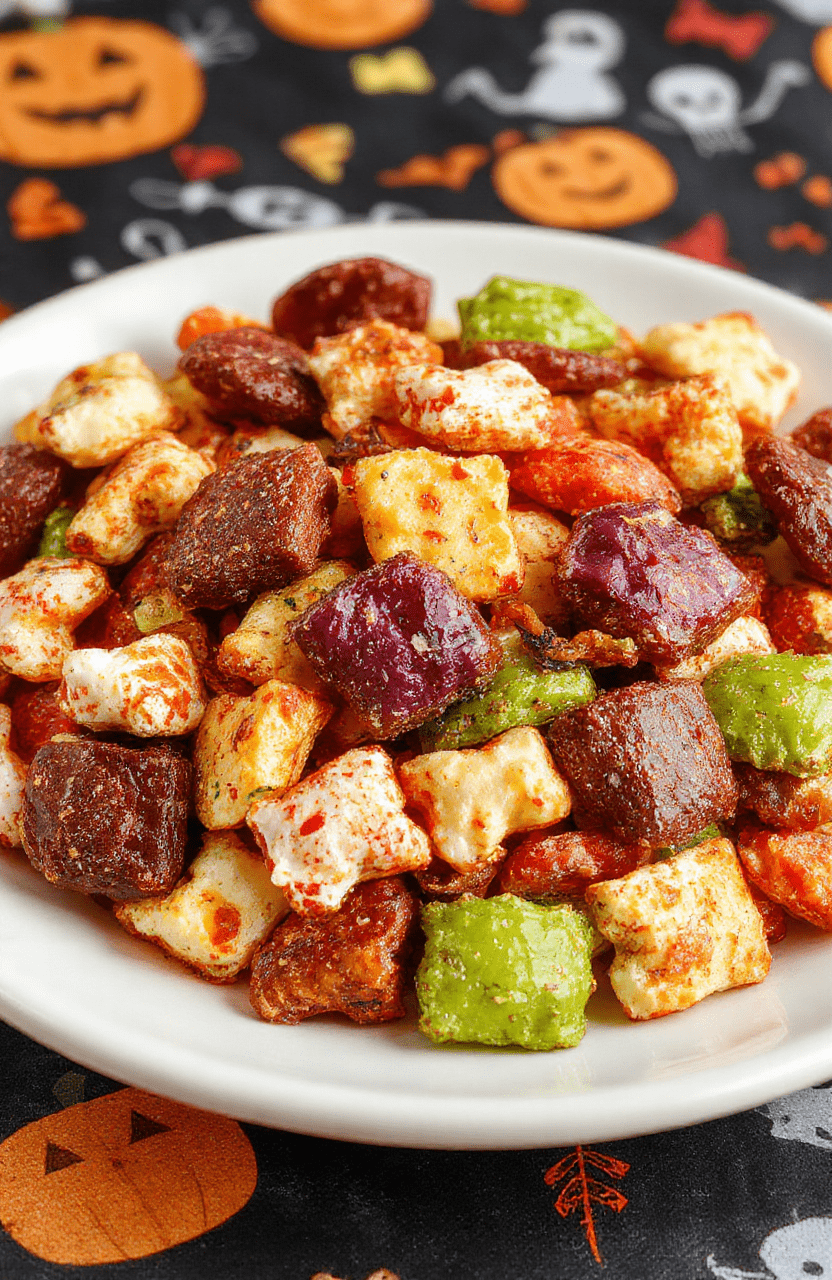 Colorful vampire-themed trail mix with bright red dried fruits, black candy eyes, crunchy nuts, and dark chocolate pieces arranged in a spooky pattern on a white plate, styled with Halloween decorations in the background, emphasizing textures and vibrant colors.
