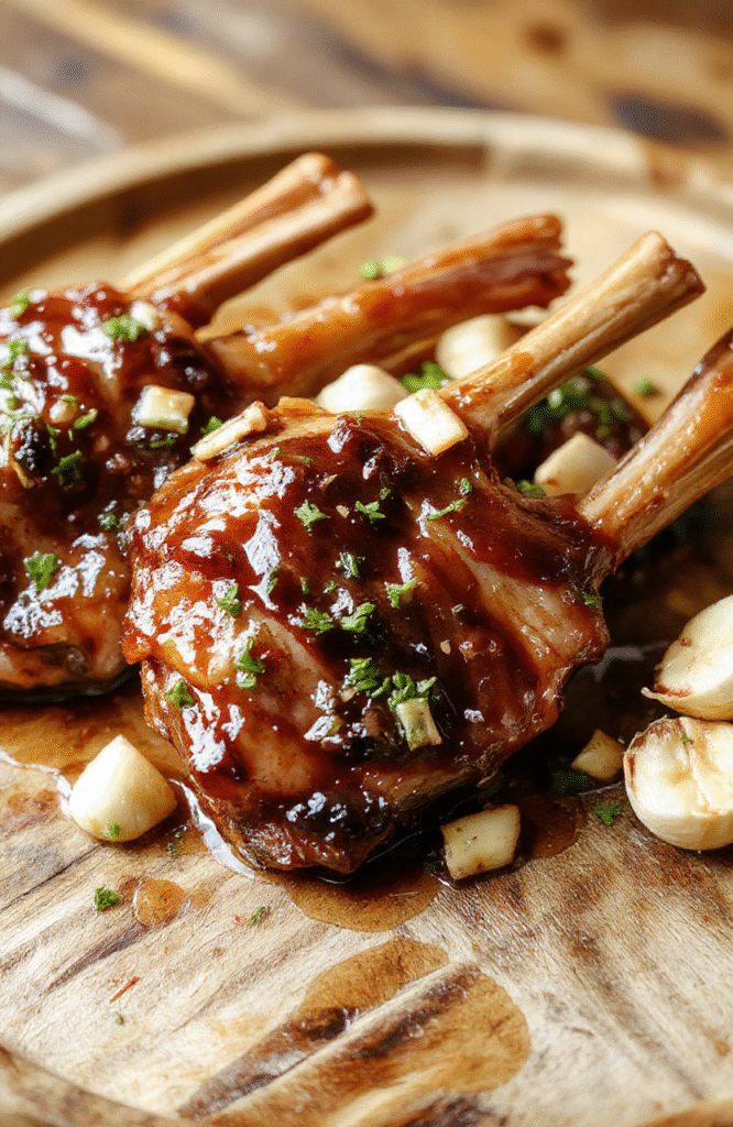 A close-up of golden-brown boneless pork chops glazed with sticky honey garlic sauce, garnished with fresh herbs on a rustic plate, with a glossy sheen and crispy edges, surrounded by garlic cloves and honey drizzle for a vibrant and appetizing presentation.