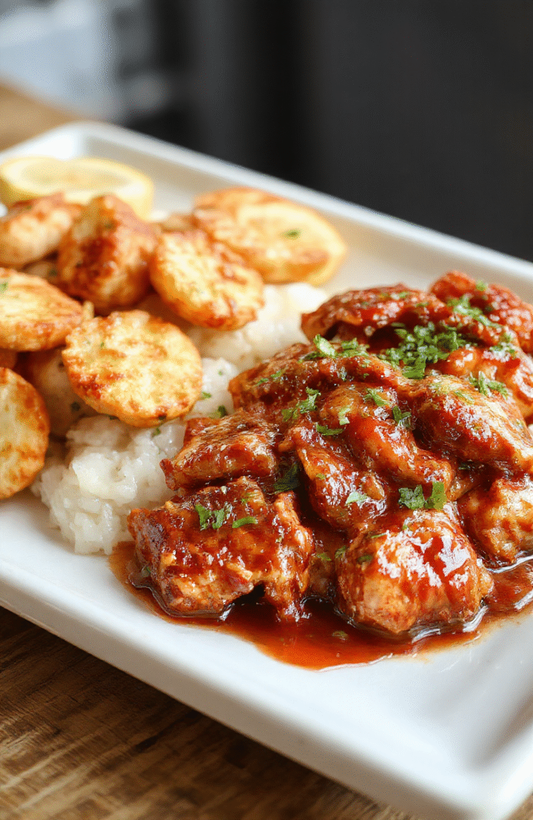 A vibrant plate featuring golden-brown pieces of chicken coated in a glossy, spicy sweet chili sauce, garnished with sesame seeds and chopped green onions, served on a white rectangular dish with a colorful background.