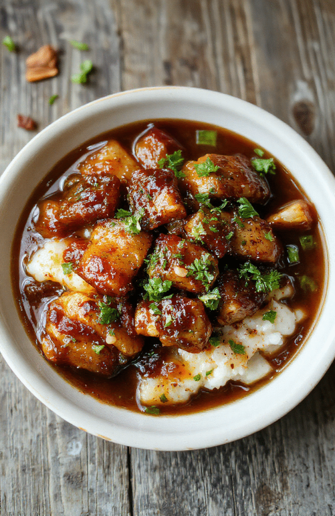 A vibrant plate of caramelized soy chicken topped with fresh garlic and ginger slices, served in a rich broth alongside fluffy rice, garnished with green onions and sesame seeds, styled simply on a rustic wooden table