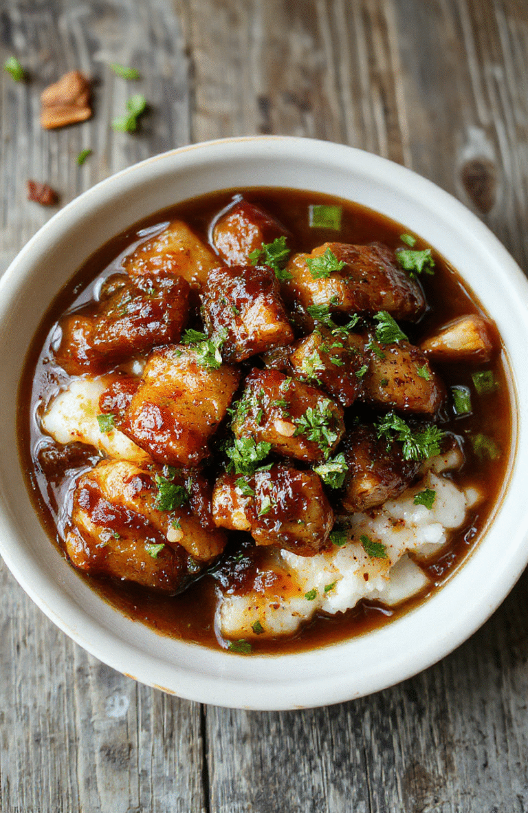 A vibrant plate of caramelized soy chicken topped with fresh garlic and ginger slices, served in a rich broth alongside fluffy rice, garnished with green onions and sesame seeds, styled simply on a rustic wooden table