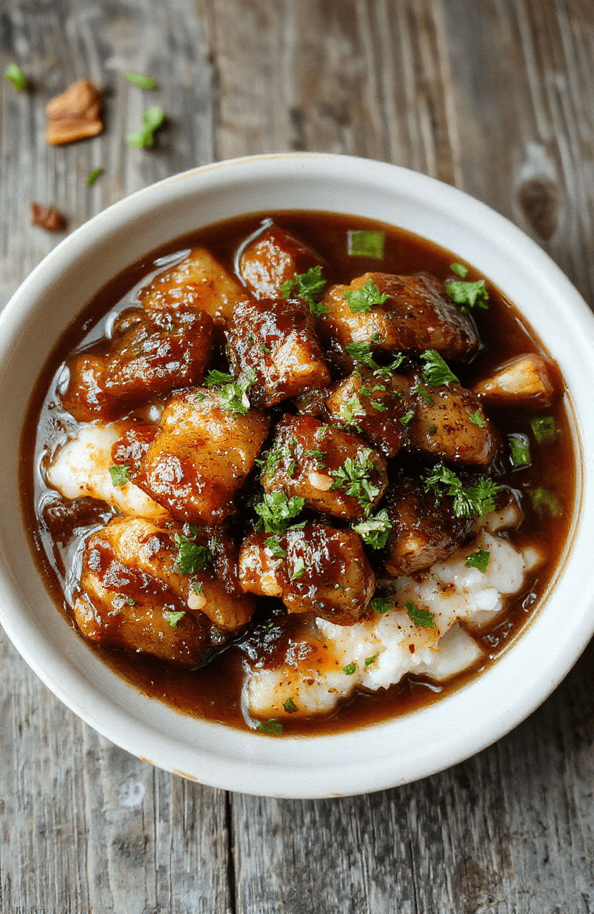 A vibrant plate of caramelized soy chicken topped with fresh garlic and ginger slices, served in a rich broth alongside fluffy rice, garnished with green onions and sesame seeds, styled simply on a rustic wooden table