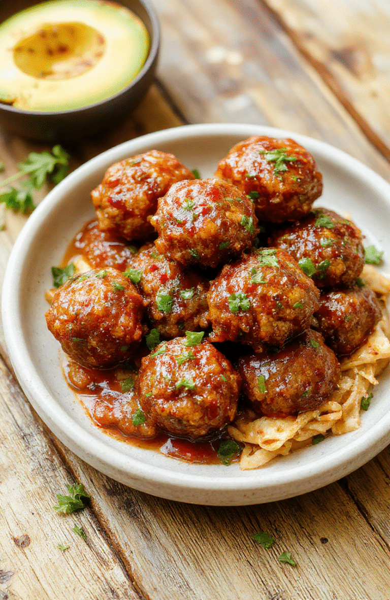 Colorful Asian turkey meatballs glazed with sweet and spicy sauce, arranged on a white plate, garnished with chopped green onions and sesame seeds, with a textured wooden background and vibrant sauce drips highlighting the glossy glaze and tender meatball texture.
