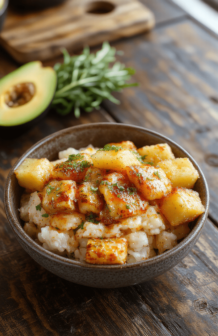 Colorful plated pineapple chicken garnished with fresh herbs, served over fluffy rice with slices of pineapple and a vibrant sauce, styled simply on a neutral plate with a rustic background, textures of tender chicken, juicy pineapple, and fragrant rice.