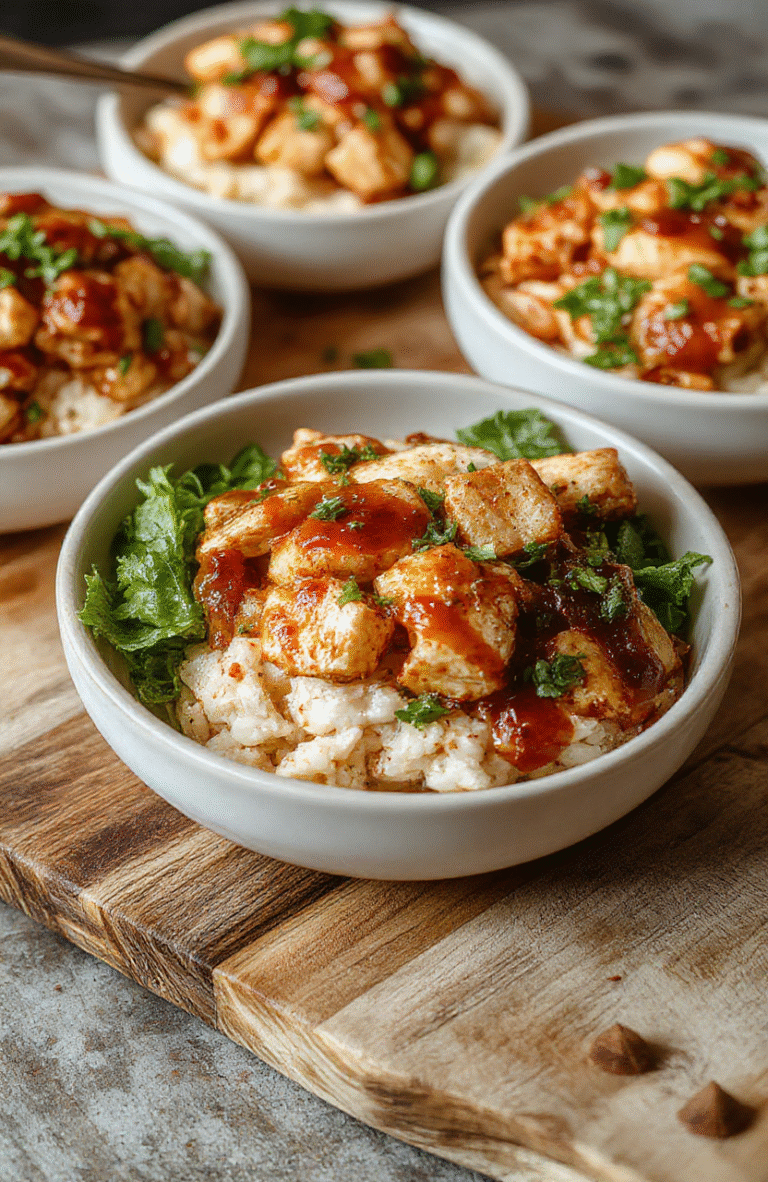 A vibrant rice bowl topped with shredded smoky chicken glazed with honey and chipotle, garnished with fresh cilantro, lime wedges, and sliced jalapenos, all arranged on a rustic wooden surface with colorful ingredients around.