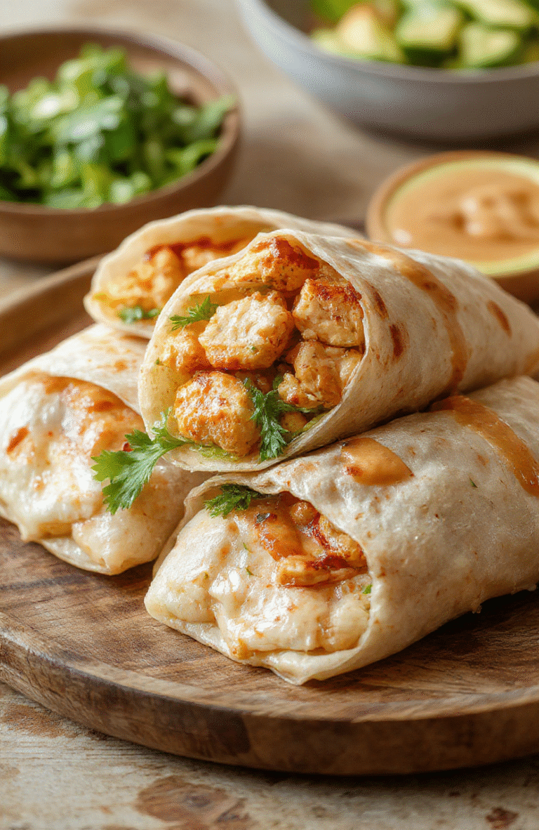 Colorful Thai peanut chicken wraps arranged on a rustic wooden plate, filled with tender chicken, vibrant vegetables, and drizzled with peanut sauce, styled with fresh herbs, in warm natural daylight.