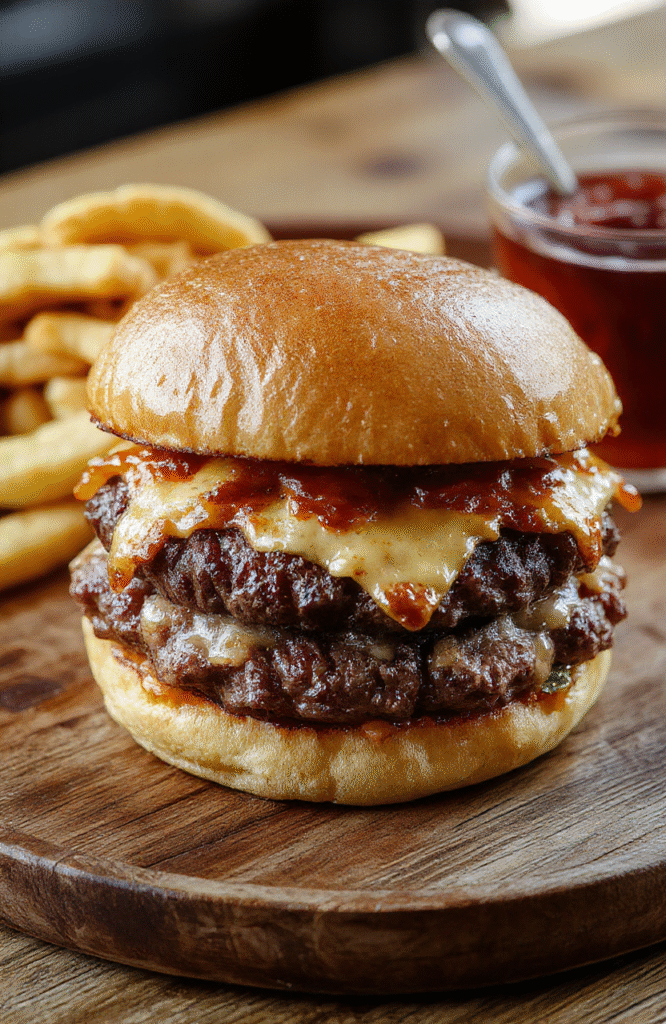 A juicy crack burger with melted cheese, crispy bacon, fresh lettuce, tomato slices, and pickles on a toasted bun, styled neatly on a rustic wooden plate with vibrant colors and appetizing textures.