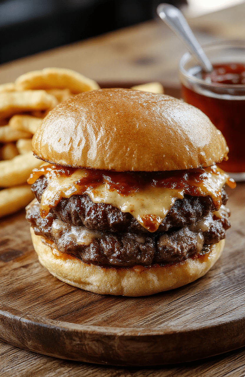 A juicy crack burger with melted cheese, crispy bacon, fresh lettuce, tomato slices, and pickles on a toasted bun, styled neatly on a rustic wooden plate with vibrant colors and appetizing textures.