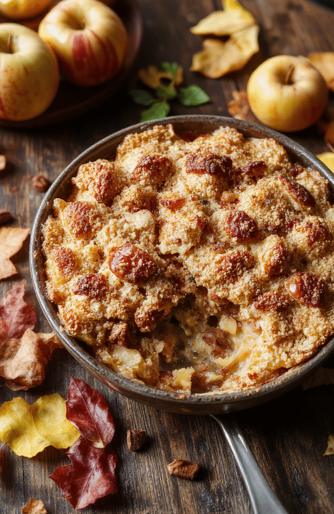 A warm, golden-brown apple crisp served in a rustic white bowl, topped with a scoop of vanilla ice cream and garnished with cinnamon. The dessert is placed on a wooden table with autumn leaves in the background, showcasing flaky crumble topping with juicy apple filling visible through cracks. Soft natural daylight highlights the textures and colors, creating an inviting fall atmosphere.