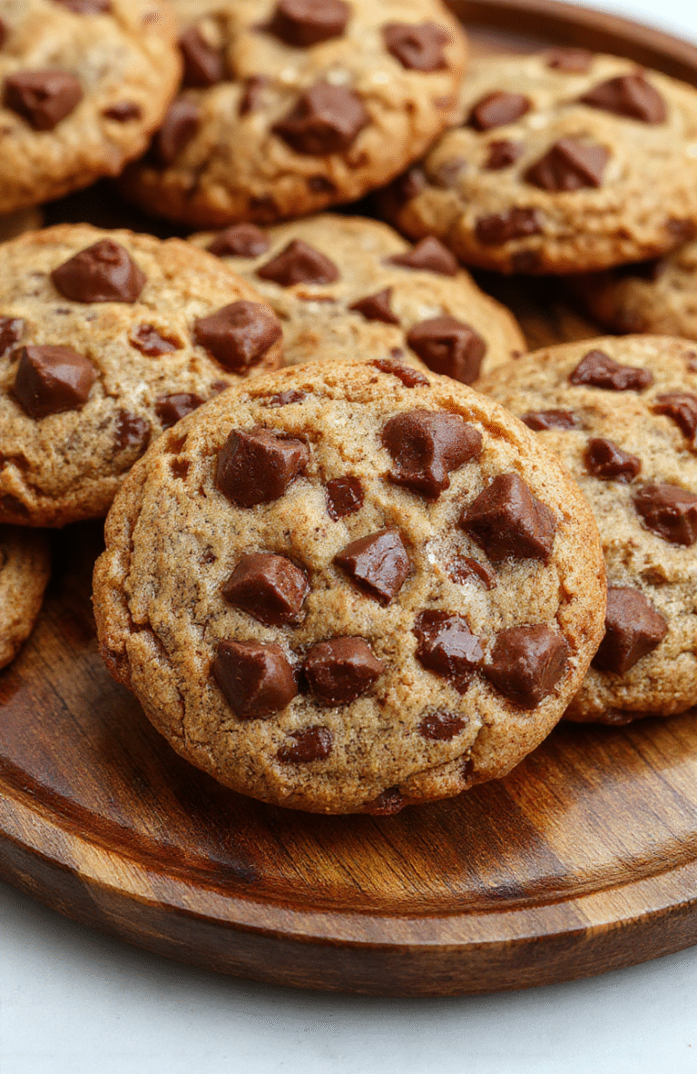 A close-up of gold-brown chewy chocolate chip cookies with melty chocolate chunks, arranged on a rustic wooden plate with a blurred background, showcasing their soft and slightly crispy edges, with visible gooey chocolate and inviting texture.