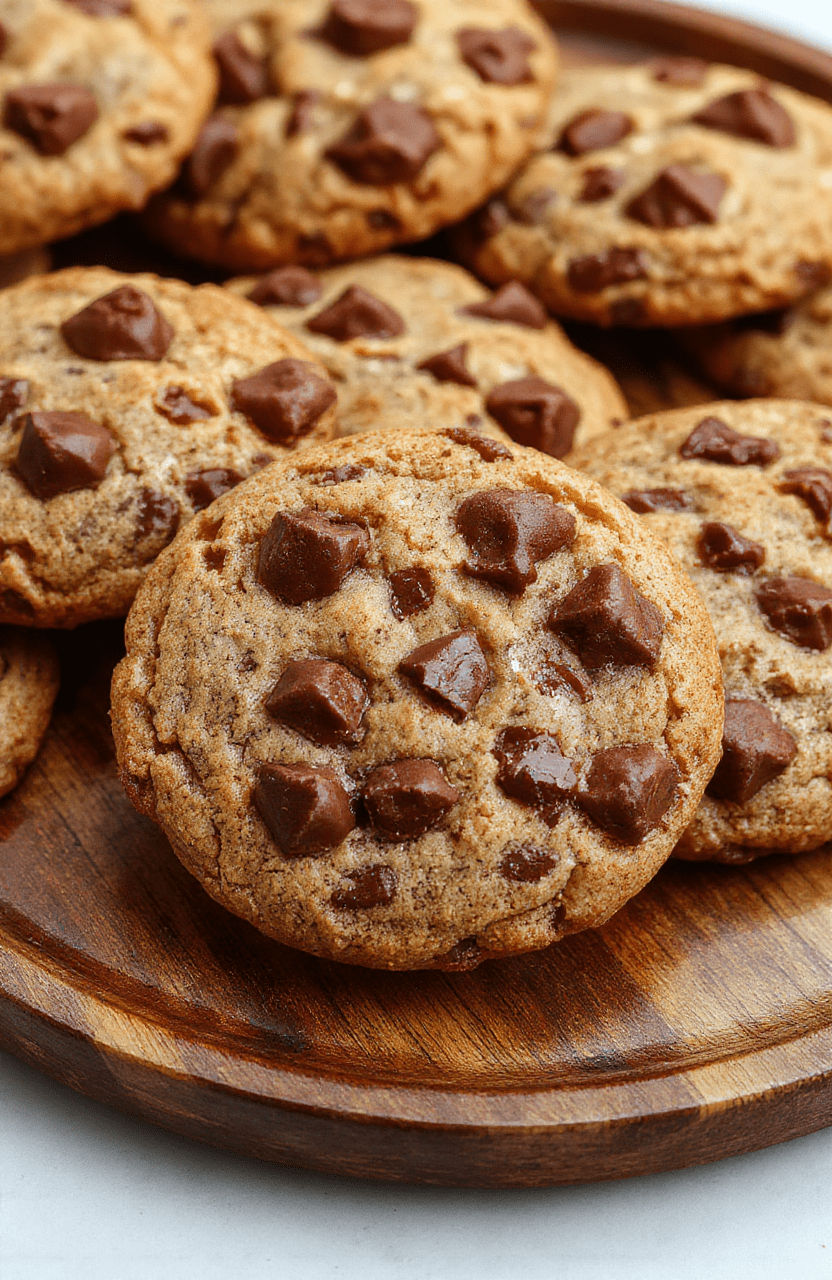 A close-up of gold-brown chewy chocolate chip cookies with melty chocolate chunks, arranged on a rustic wooden plate with a blurred background, showcasing their soft and slightly crispy edges, with visible gooey chocolate and inviting texture.