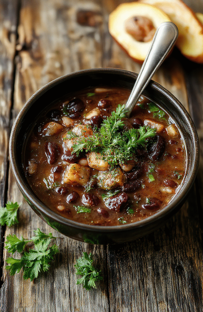 A vibrant bowl of black bean soup garnished with fresh cilantro, chopped onions, and a dollop of sour cream, served on a rustic wooden table with a slice of crusty bread beside it.