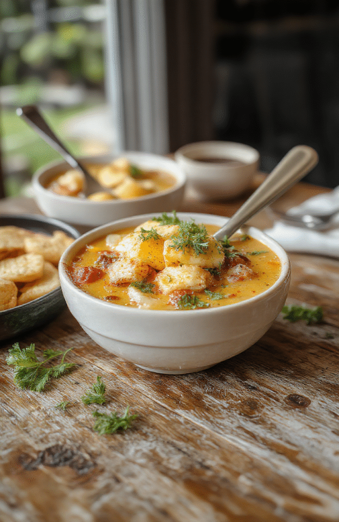 A hearty bowl of cheeseburger soup topped with shredded cheddar cheese, crispy bacon bits, and fresh chopped green onions placed on a rustic wooden table with a spoon resting beside it, steamed and creamy with visible bits of ground beef, melted cheese, and vegetables, styled for an inviting, homey presentation with natural daylight.