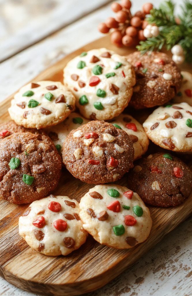 Colorful assortment of holiday cookies arranged on a rustic wooden platter, featuring sugar cookies, gingerbread men, and peppermint bark, with festive decorations and soft natural lighting highlight the textures and vibrant colors.