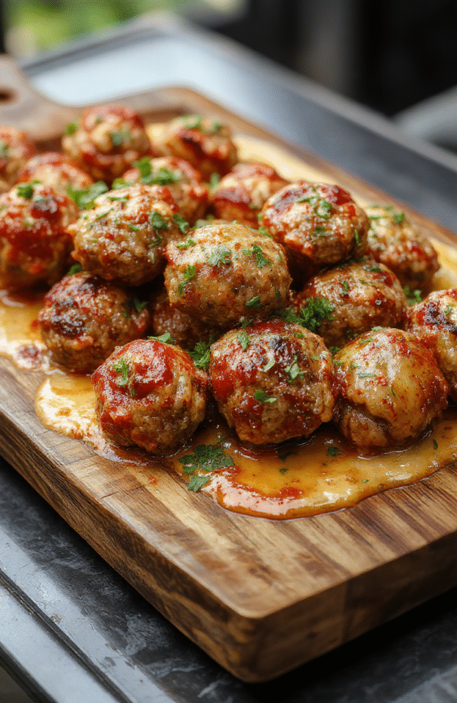 A close-up of golden-brown Italian meatballs glazed with rich marinara sauce, served on a rustic wooden platter with fresh basil leaves and grated Parmesan, colorful backdrop with a cozy kitchen ambiance, textured surface highlighting juices and textures