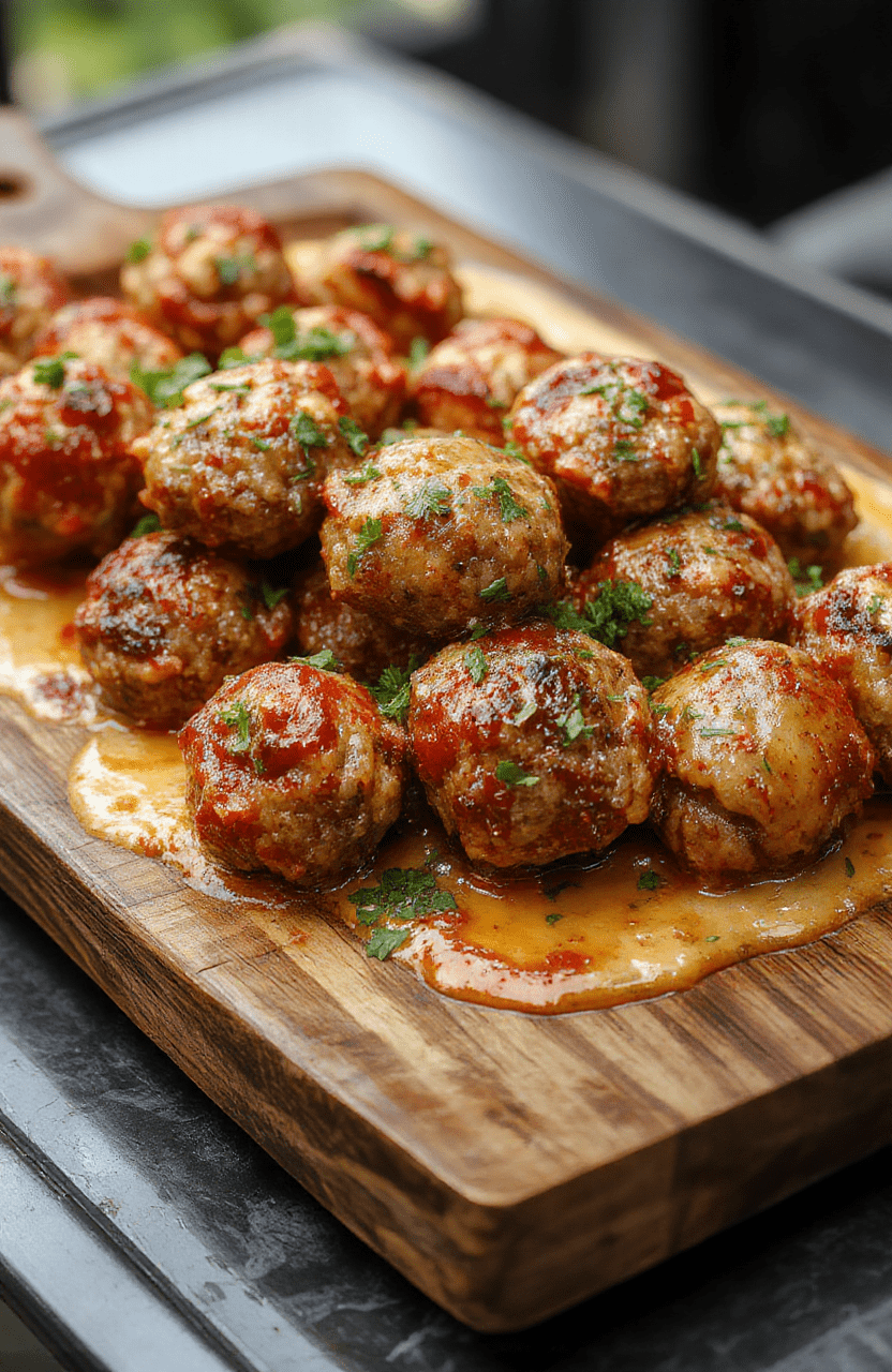 A close-up of golden-brown Italian meatballs glazed with rich marinara sauce, served on a rustic wooden platter with fresh basil leaves and grated Parmesan, colorful backdrop with a cozy kitchen ambiance, textured surface highlighting juices and textures