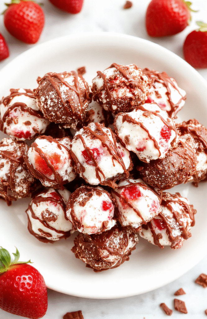 Colorful chocolate and strawberry yogurt clusters arranged on a white plate, showcasing a glossy texture with visible fruit pieces and crunchy coating, styled with fresh strawberries and chocolate drizzle for an inviting presentation
