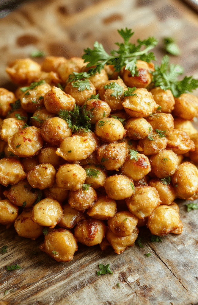 A vibrant bowl of marries me chickpeas featuring golden roasted chickpeas garnished with fresh herbs and lemon slices on a rustic wooden table, with a creamy sauce drizzle and colorful vegetables around, styled in a casual, appetizing manner.