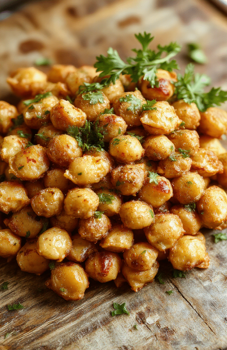 A vibrant bowl of marries me chickpeas featuring golden roasted chickpeas garnished with fresh herbs and lemon slices on a rustic wooden table, with a creamy sauce drizzle and colorful vegetables around, styled in a casual, appetizing manner.