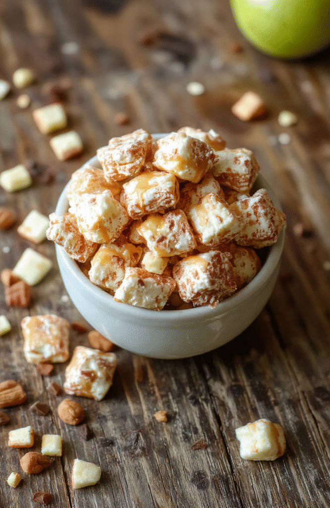 Colorful caramel apple puppy chow spread out on a rustic wooden surface, showcasing golden caramel coated cereal, shiny candied apple pieces, and dustings of powdered sugar, styled for a cozy fall atmosphere