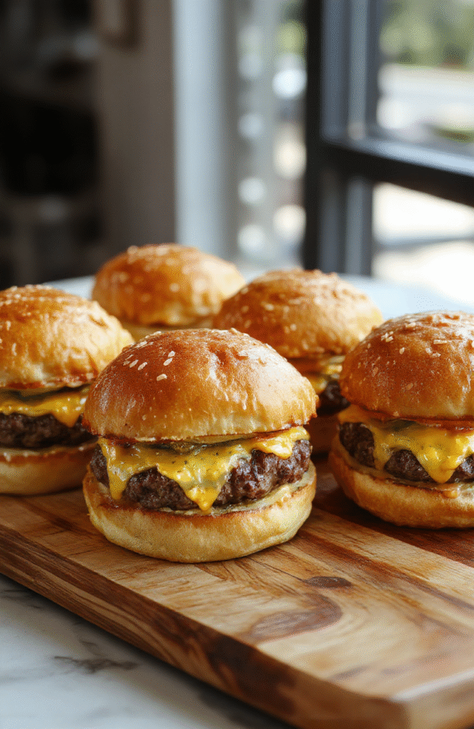 Colorful cheeseburger sliders arranged neatly on a rustic wooden platter, topped with melted cheese, fresh lettuce, and tomato slices, with sesame seed buns. The sliders glisten with melted cheese and juicy patties, styled with a few pickles and a sprinkle of herbs, creating an inviting and mouthwatering presentation.