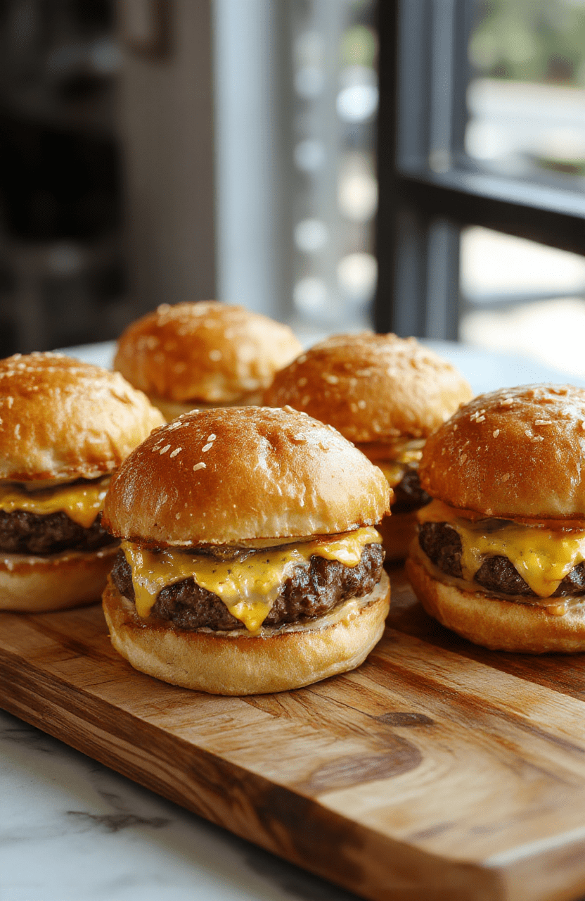 Colorful cheeseburger sliders arranged neatly on a rustic wooden platter, topped with melted cheese, fresh lettuce, and tomato slices, with sesame seed buns. The sliders glisten with melted cheese and juicy patties, styled with a few pickles and a sprinkle of herbs, creating an inviting and mouthwatering presentation.