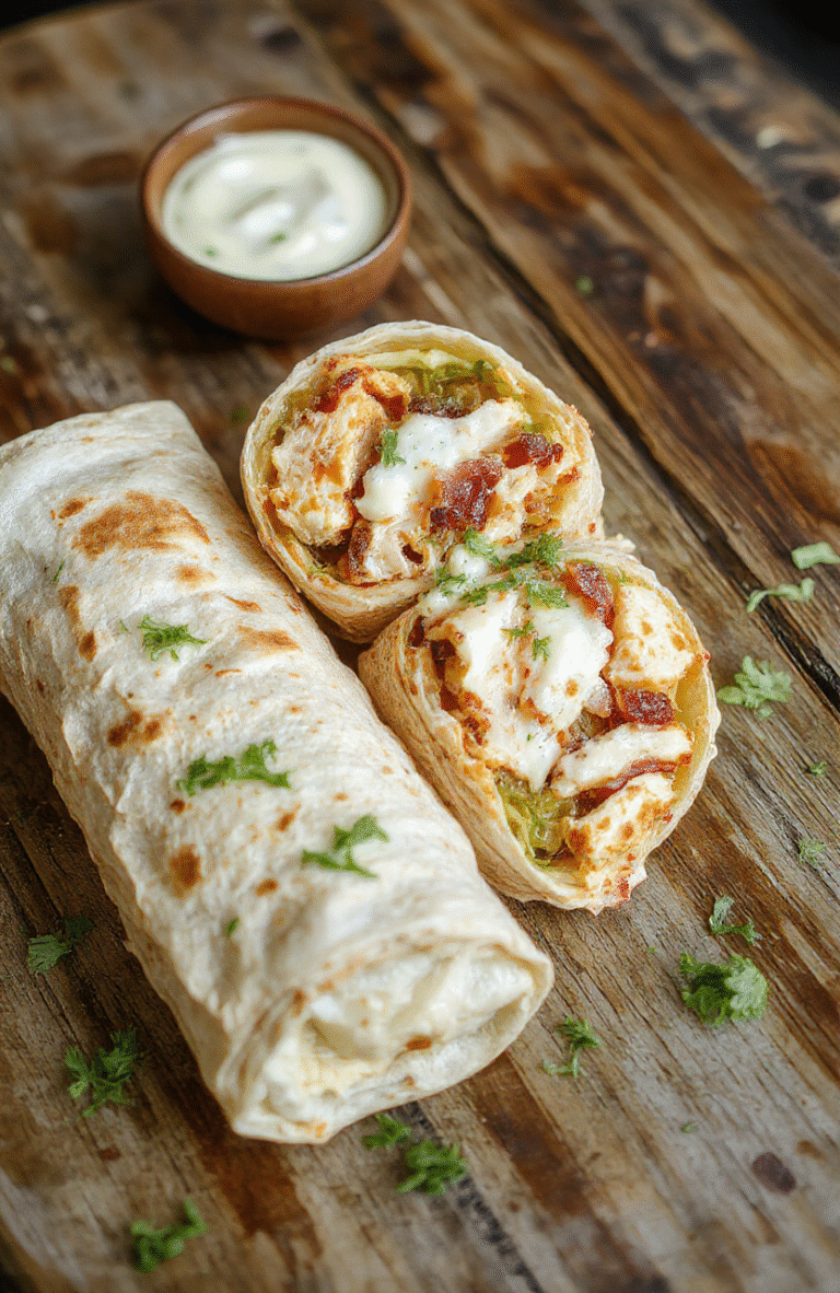 Colorful Chicken Bacon Ranch Wrap sliced open revealing juicy grilled chicken, crispy bacon, fresh lettuce, and creamy ranch sauce wrapped in a golden tortilla, styled on a rustic wooden surface with vibrant ingredients visible.