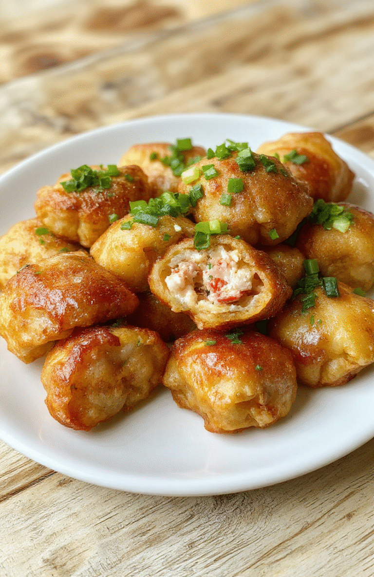 A golden-brown crab rangoon placed on a white plate, garnished with chopped green onions. The crispy exterior reveals a creamy crab filling inside, with a textured surface showcasing bubbling fried edges. The dish is styled simply with a clean background, emphasizing appetizing, crunchy textures and vibrant colors of the filling and garnish.