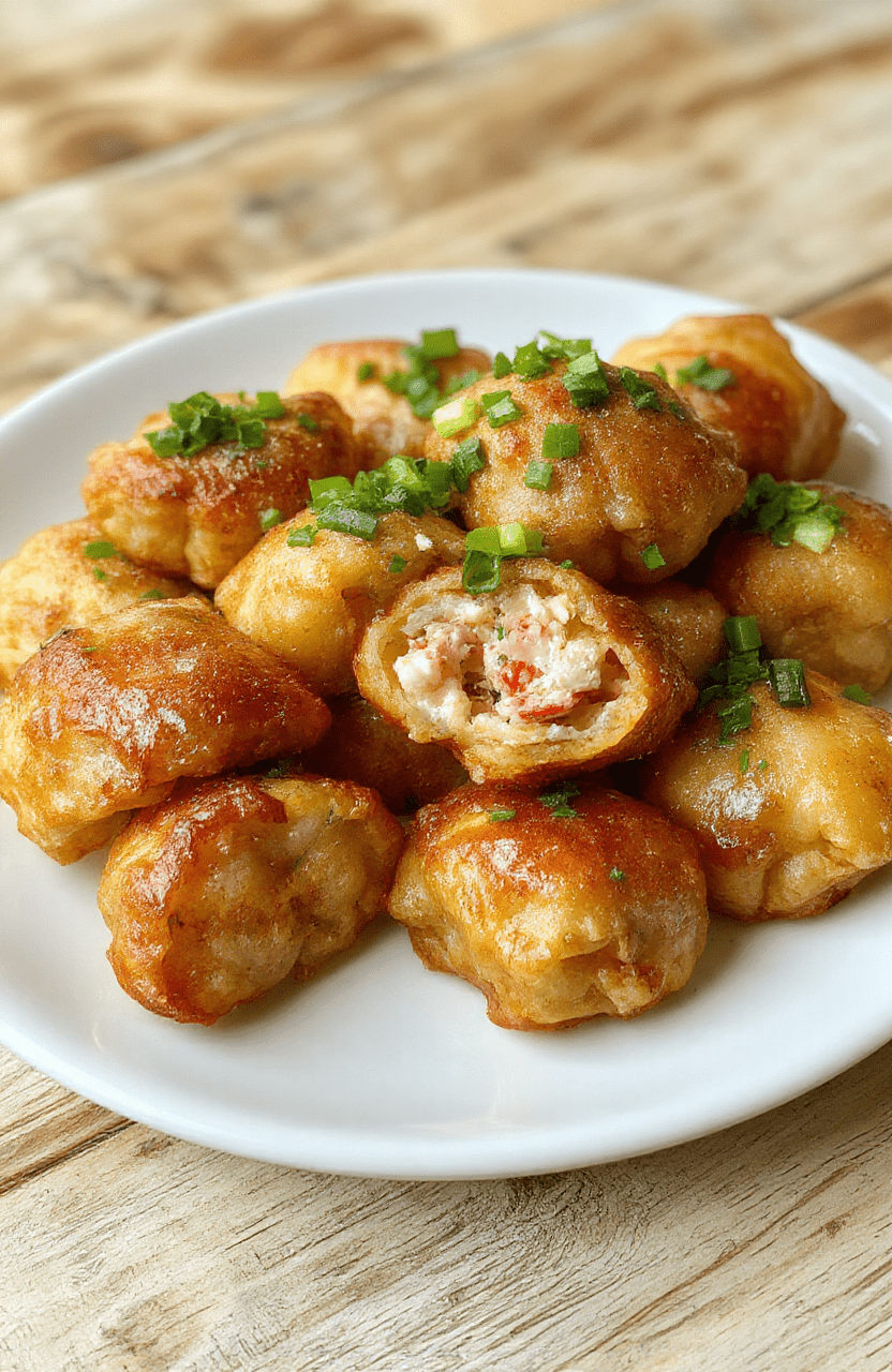 A golden-brown crab rangoon placed on a white plate, garnished with chopped green onions. The crispy exterior reveals a creamy crab filling inside, with a textured surface showcasing bubbling fried edges. The dish is styled simply with a clean background, emphasizing appetizing, crunchy textures and vibrant colors of the filling and garnish.