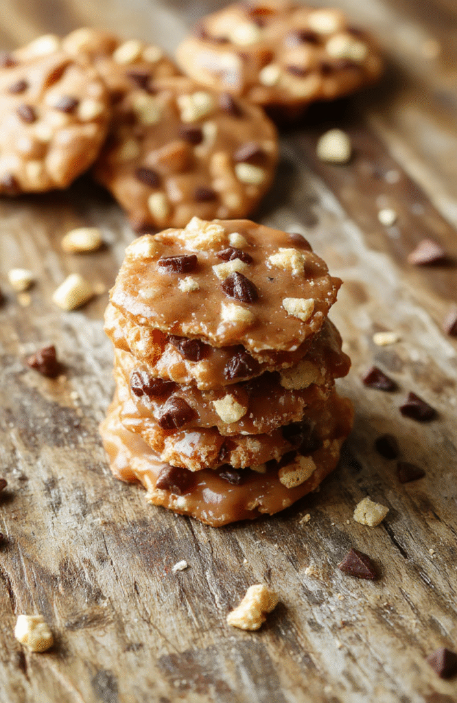 A glossy, golden-brown cracker toffee with a smooth caramel layer topped with melted chocolate and sprinkled crushed nuts, arranged elegantly on a rustic wooden surface with festive holiday decorations in the background, capturing a combination of rich textures and inviting colors.