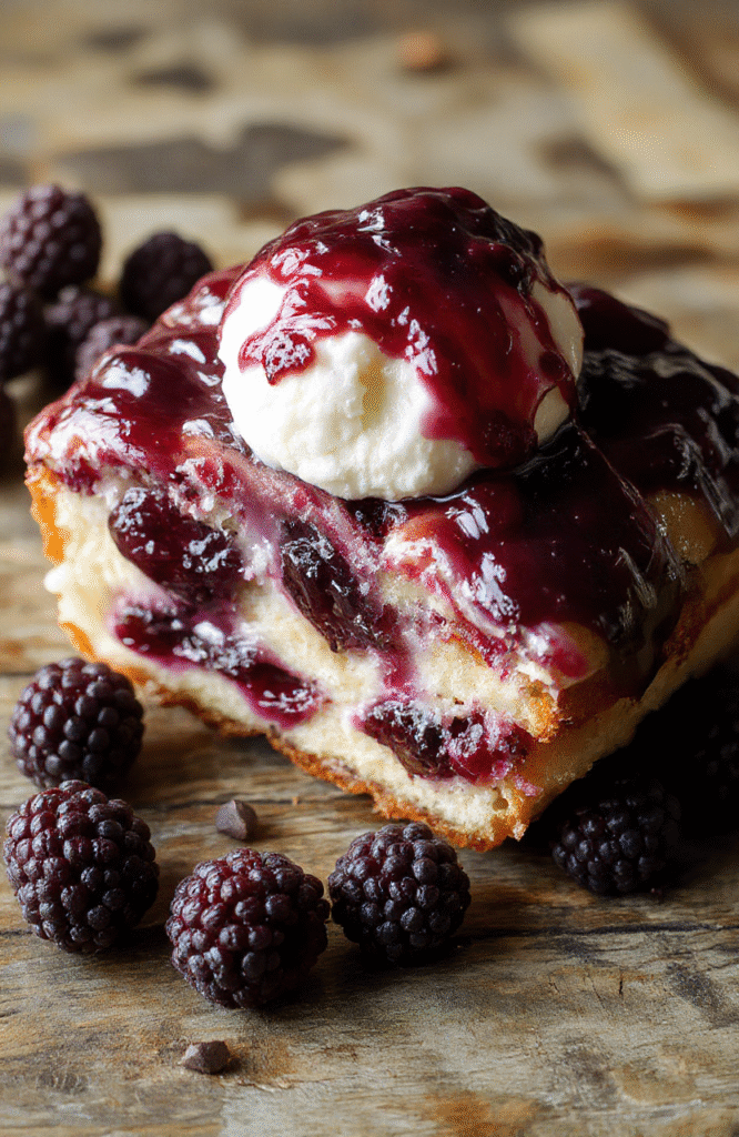 A decadent blackberry cake layered with rich frosting and fresh blackberries on top, presented on a rustic wooden plate with a soft, natural light highlighting the deep purple hues and creamy textures