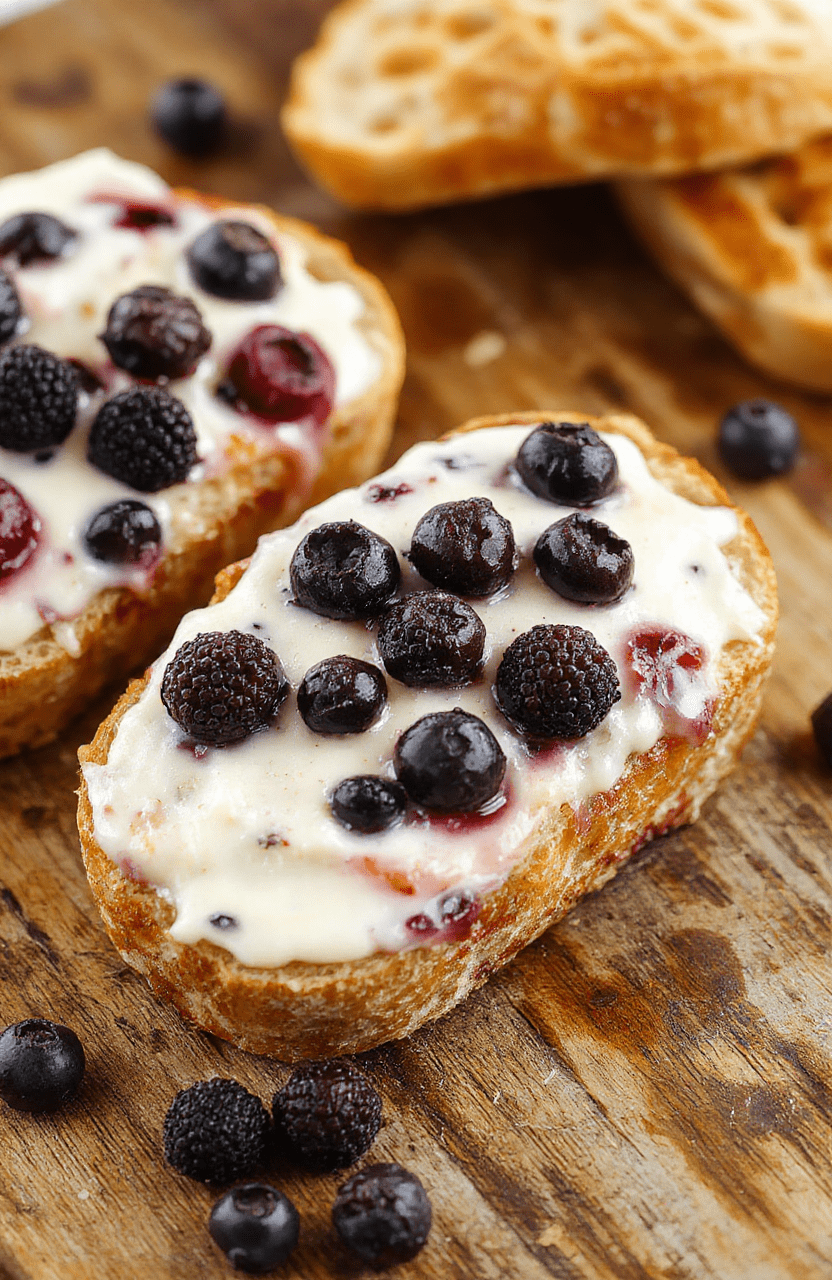 A golden sliced blueberry cream cheese bread on a rustic wooden board, topped with fresh blueberries and a drizzle of glaze, with a soft crumb and swirls of cream cheese visible inside, styled with a sprig of mint and powdered sugar for an elegant brunch presentation.