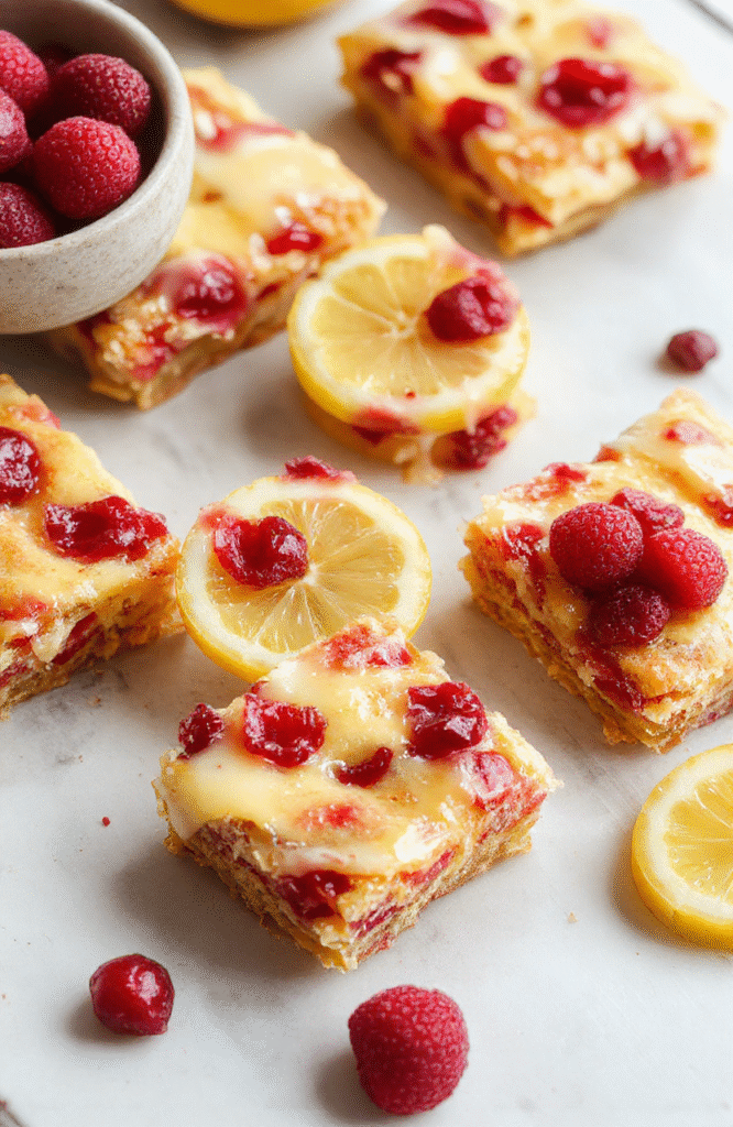 Vibrant cranberry lemon bars arranged on a light wooden platter, topped with powdered sugar and fresh lemon slices. The bars have a golden crust with a glossy red and yellow tart filling, garnished with a sprig of mint. The background features a soft pastel cloth, creating a warm and inviting atmosphere with natural daylight highlighting the bright colors and textures.