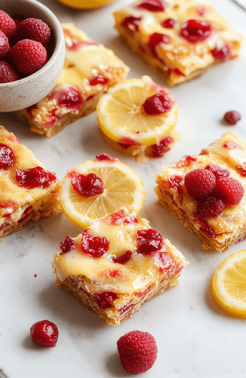Vibrant cranberry lemon bars arranged on a light wooden platter, topped with powdered sugar and fresh lemon slices. The bars have a golden crust with a glossy red and yellow tart filling, garnished with a sprig of mint. The background features a soft pastel cloth, creating a warm and inviting atmosphere with natural daylight highlighting the bright colors and textures.