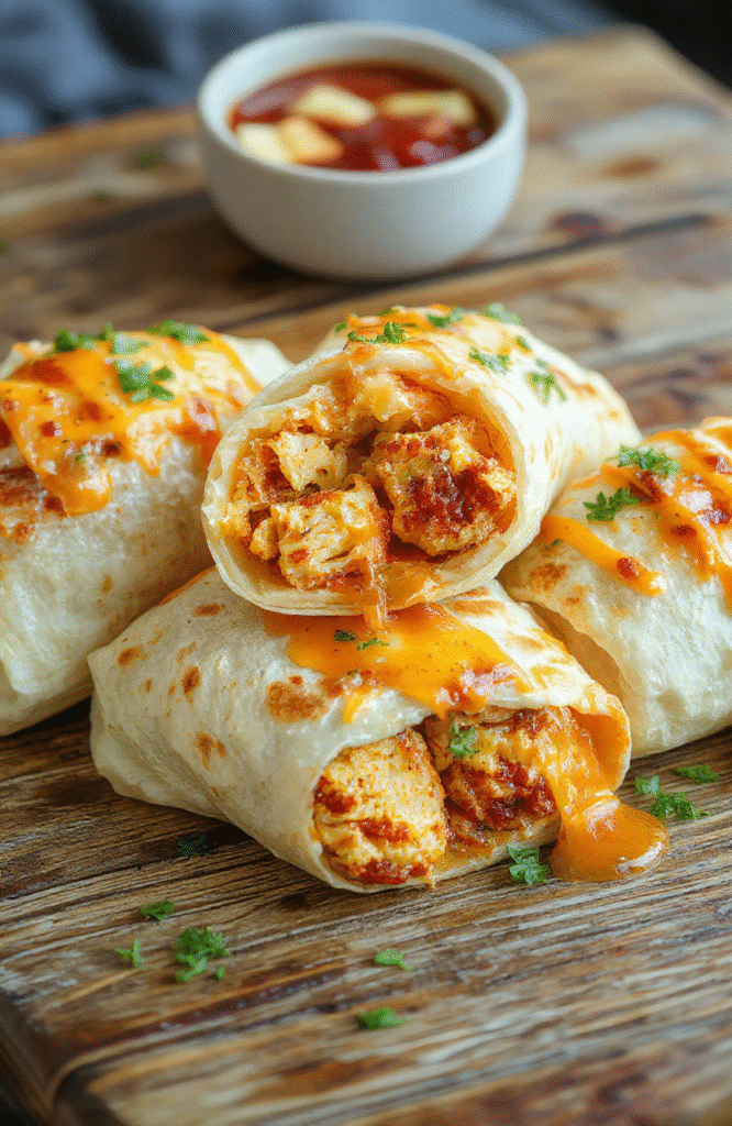 Colorful cheesy chicken wraps neatly arranged on a white plate with fresh lettuce, melted cheese oozing from the folds, and a side of cherry tomatoes, styled simply with a rustic wooden background, highlighting the vibrant ingredients and textures.