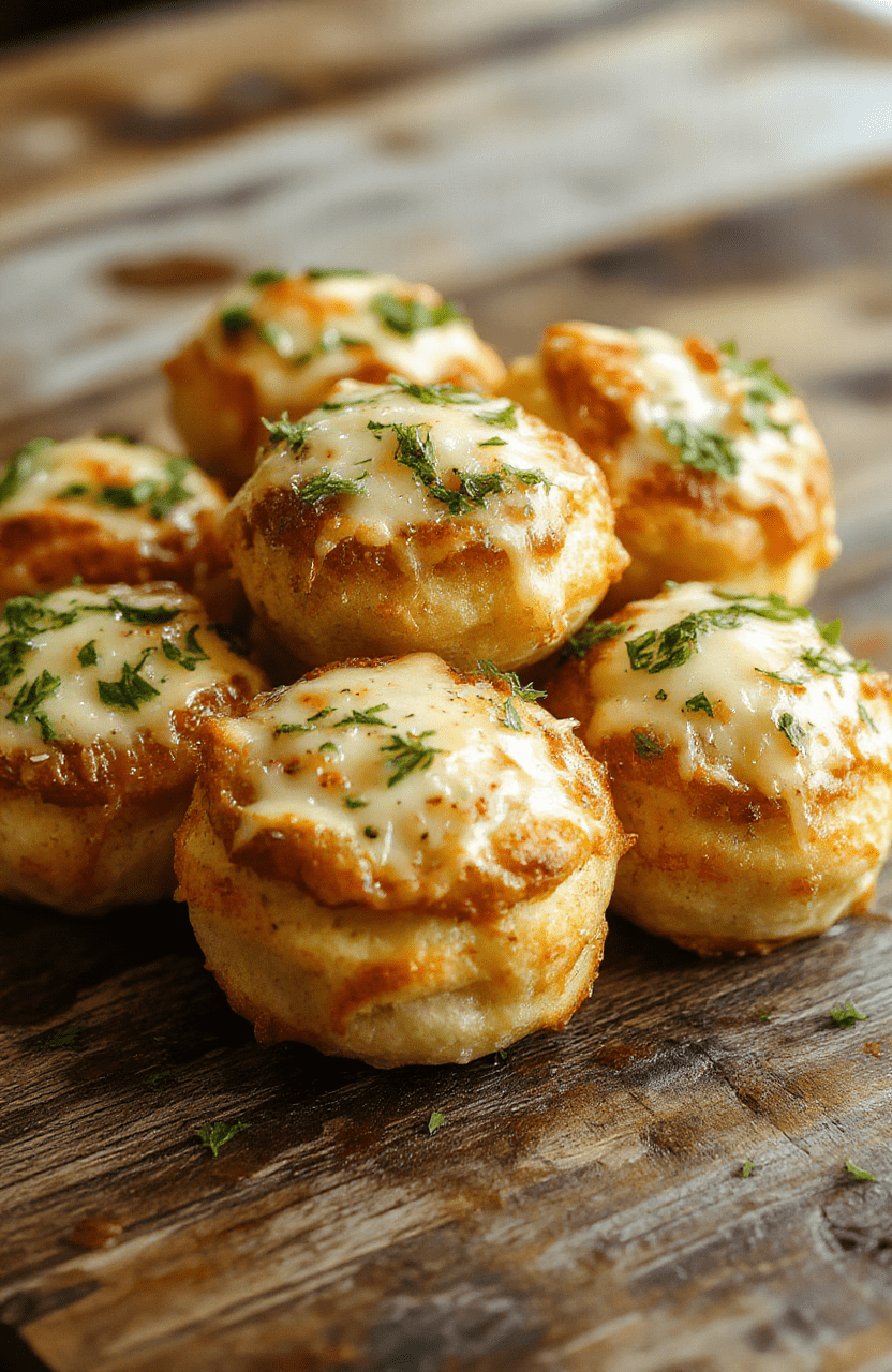 Golden brown cheesy garlic parmesan bombs arranged on a rustic wooden platter, sprinkled with fresh parsley and grated parmesan, with visible gooey cheese spilling out, crispy exterior, and flavorful herbs enhancing the presentation.