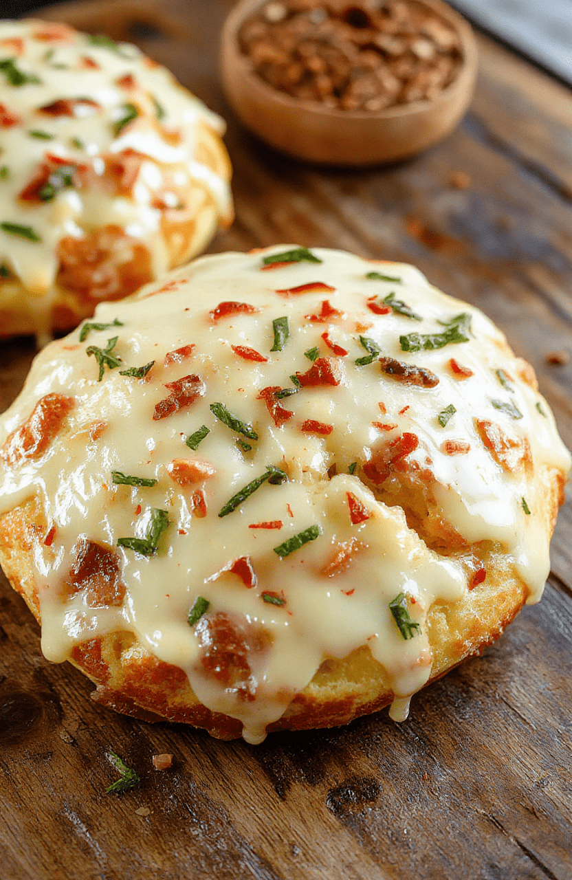 A golden-brown cheesy Christmas bread arranged in a circular pattern on a rustic wooden board. The bread is topped with melted cheese, fresh herbs, and red pepper flakes. Soft, gooey cheese stretches as slices are pulled apart, with sprigs of rosemary and holiday decor in the background, creating a festive and inviting appearance.
