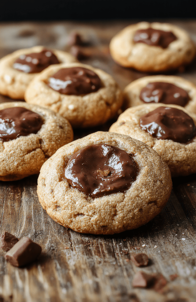 A close-up of a plate of chewy chocolate thumbprint cookies featuring glossy chocolate centers in a slightly cracked, fudgy exterior, arranged on a rustic wooden surface with a few crumbs and cocoa powder nearby