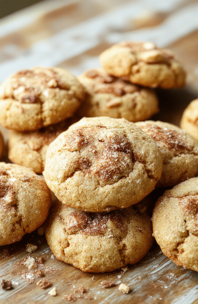 A close-up of golden-brown snickerdoodles with cracked sugar coating, arranged on a rustic wooden platter, with some cinnamon sprinkled on top, styled with a dusting of cinnamon powder around the cookies, showcasing their chewy texture and cinnamon flavor.