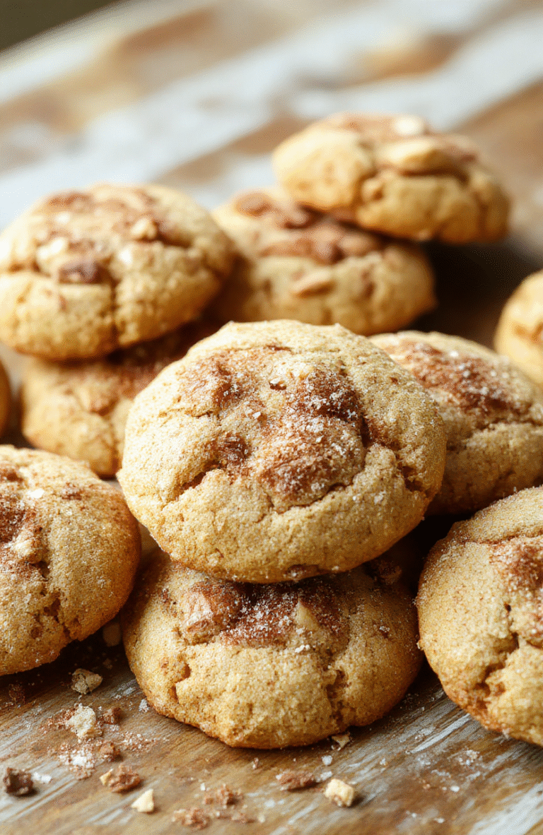 A close-up of golden-brown snickerdoodles with cracked sugar coating, arranged on a rustic wooden platter, with some cinnamon sprinkled on top, styled with a dusting of cinnamon powder around the cookies, showcasing their chewy texture and cinnamon flavor.