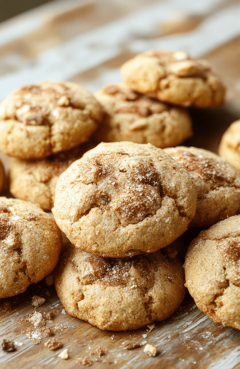A close-up of golden-brown snickerdoodles with cracked sugar coating, arranged on a rustic wooden platter, with some cinnamon sprinkled on top, styled with a dusting of cinnamon powder around the cookies, showcasing their chewy texture and cinnamon flavor.