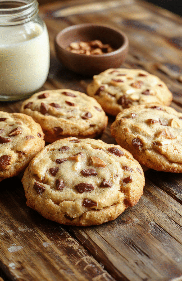A close-up of a plate of chewy cowboy cookies with golden-brown edges, sprinkled with chocolate chips and nuts, arranged on a rustic wooden table with a soft blurred background.