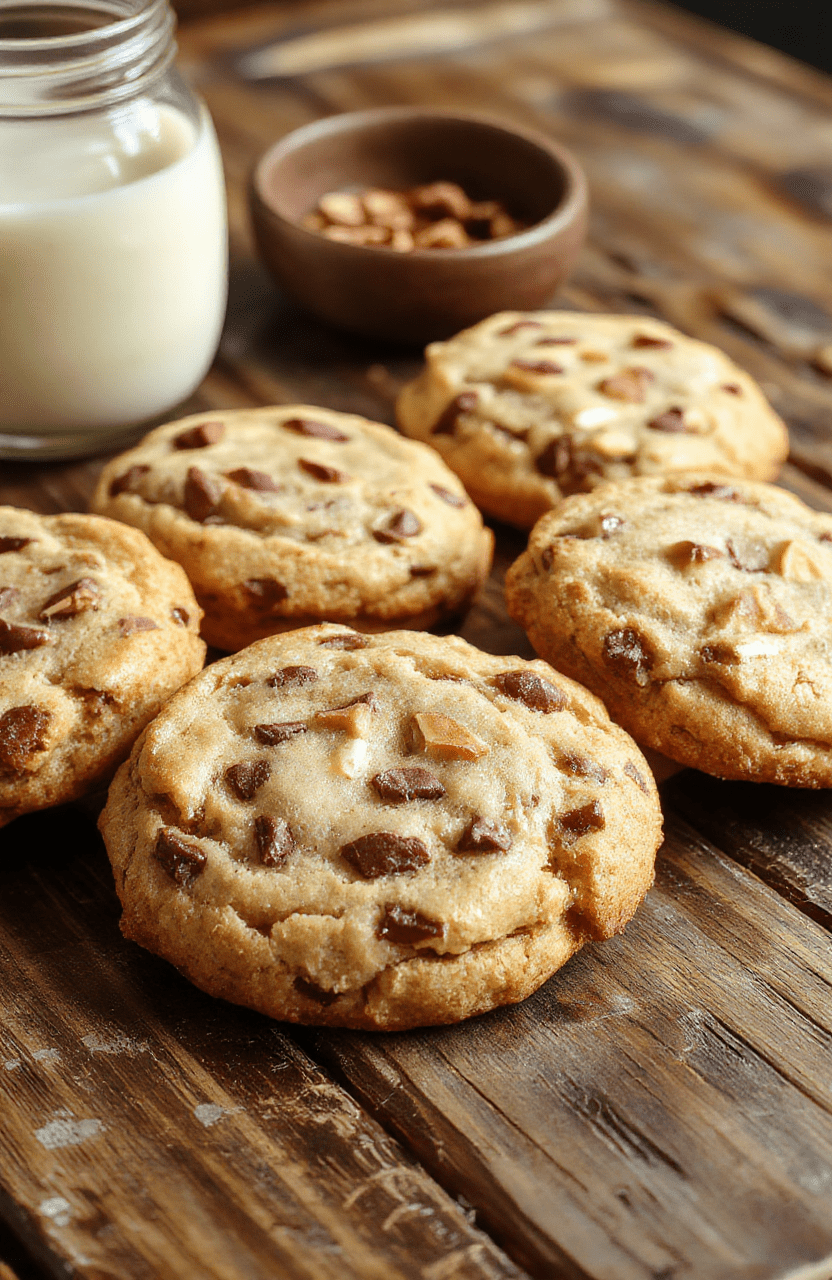 A close-up of a plate of chewy cowboy cookies with golden-brown edges, sprinkled with chocolate chips and nuts, arranged on a rustic wooden table with a soft blurred background.